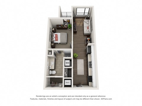 Floor plan for 1 bed, 1 bath, 594 sqft